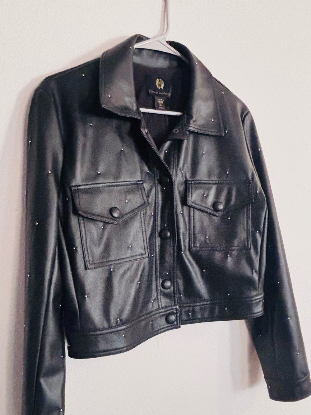 House of Harlow 1960 Black Faux Leather Studded Bomber Jacket